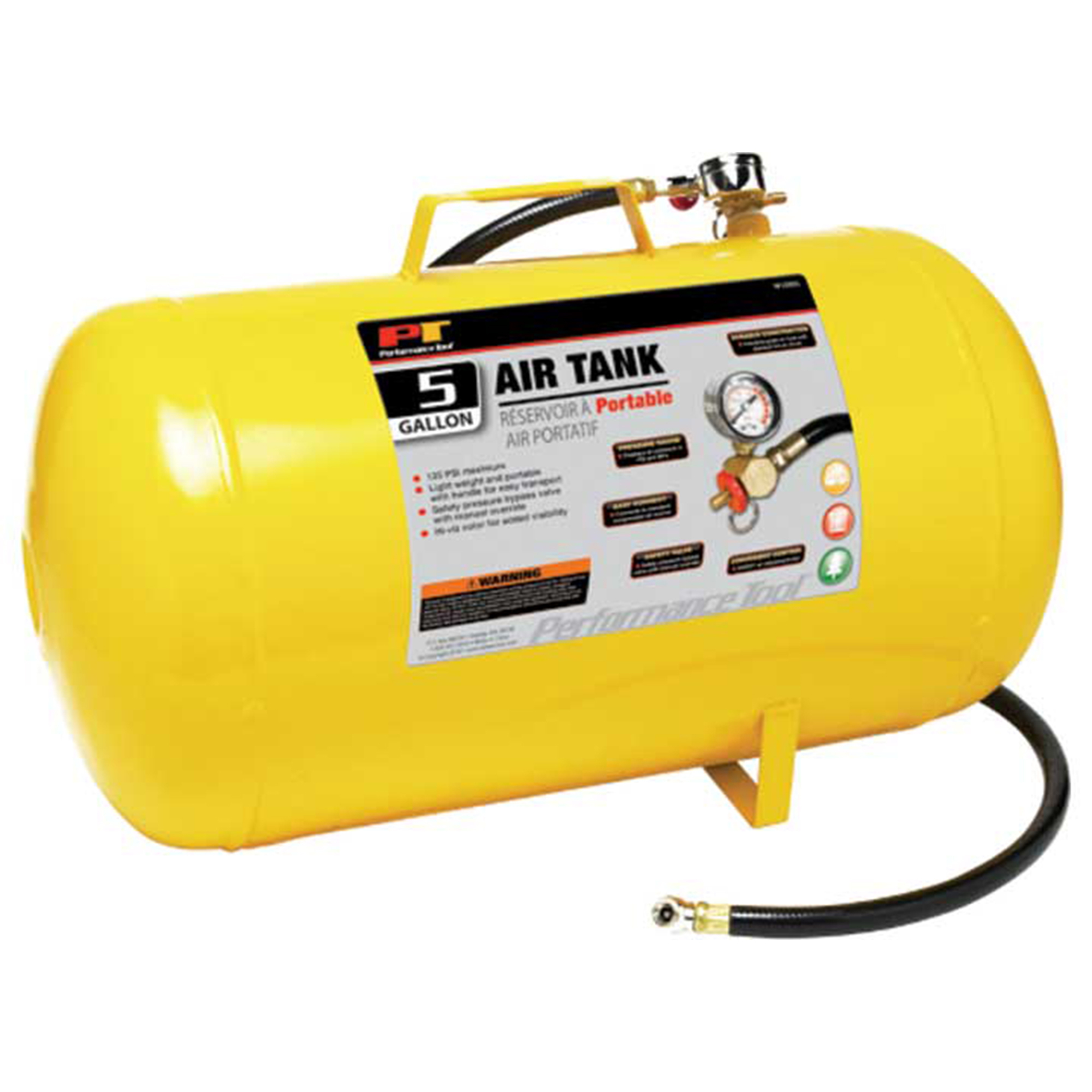 Performance Tool Portable Air Tank — 5 Gal., Safety Valve, Tire Chuck, High-Visibility Yellow, 125 PSI, Model# PRTW10005